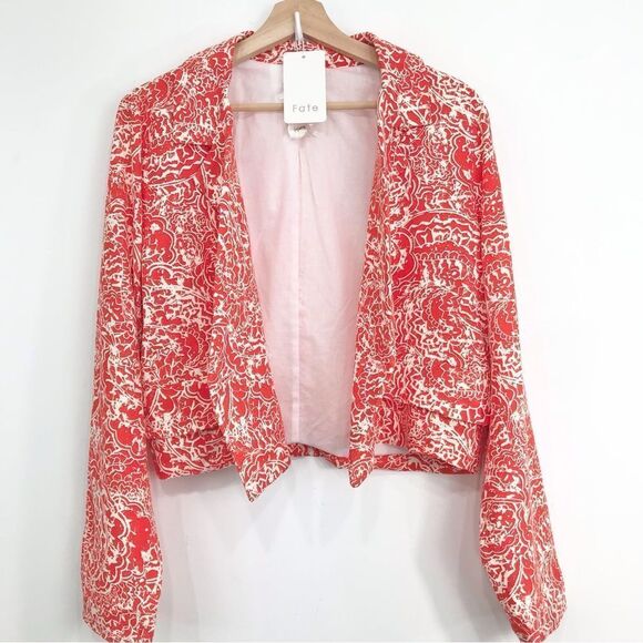 FATE Red Orange Cotton Linen Abstract Floral Cropped V Neck Spring Blazer NEW - Picture 4 of 16